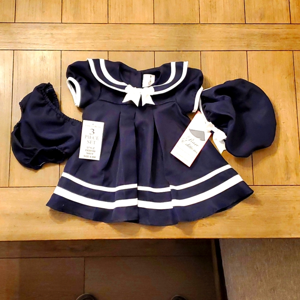 Rare Editions - 3 Peice Navy Set. Girls 6-9 Months